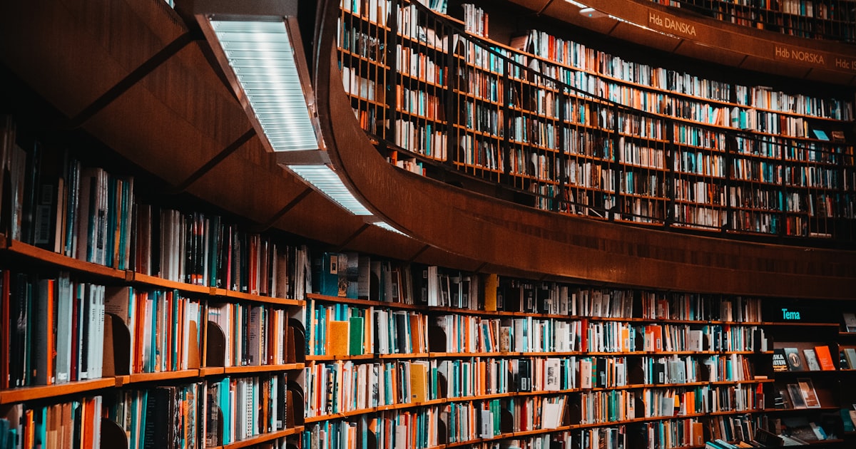 Library shelves filled with organized books