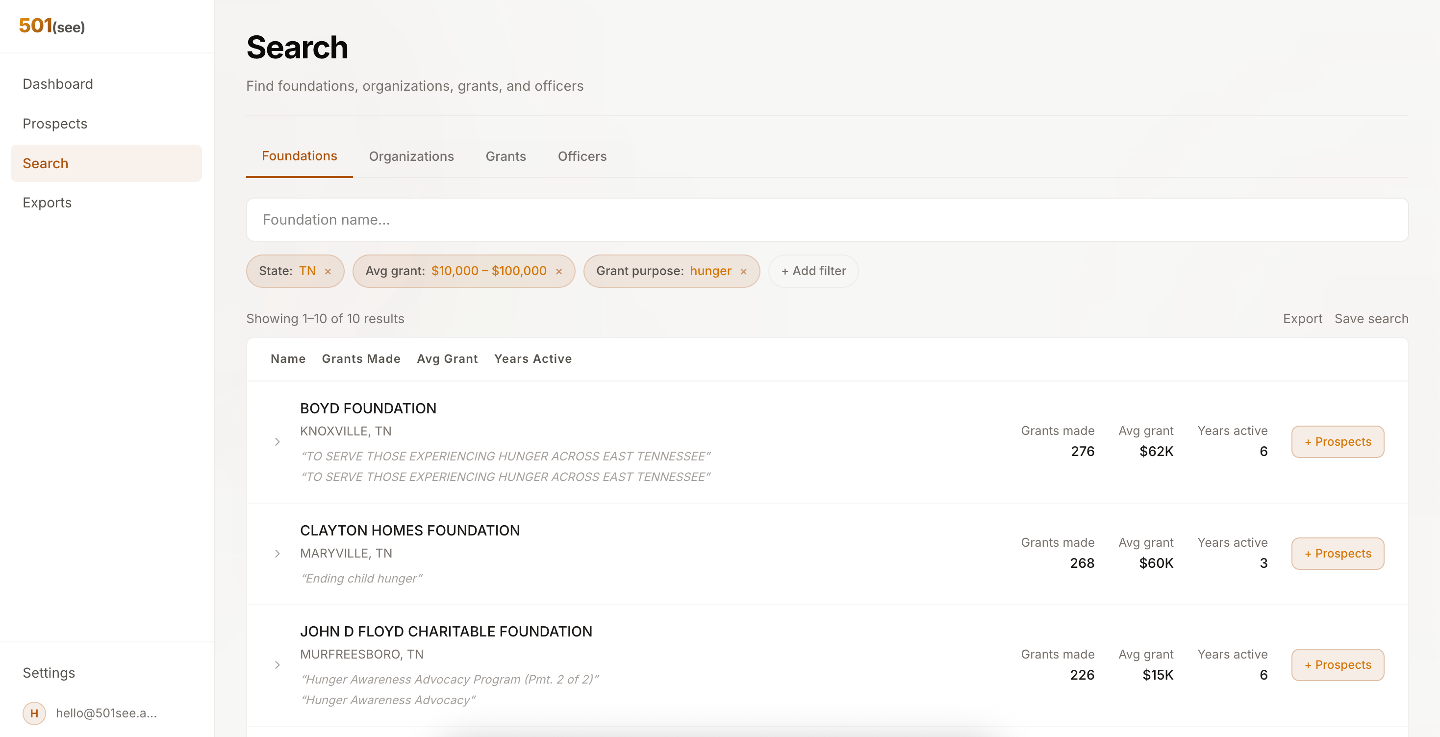 501(see) foundation search with filters for geography, sector, grant size, and giving history
